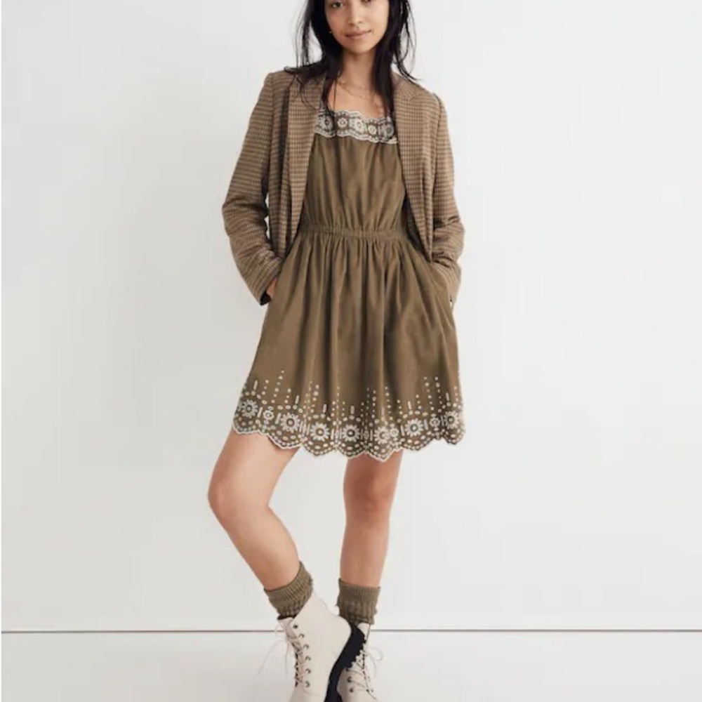 Madewell Embroidered Corduroy Square Neck Mini Dress in Olive Size Small